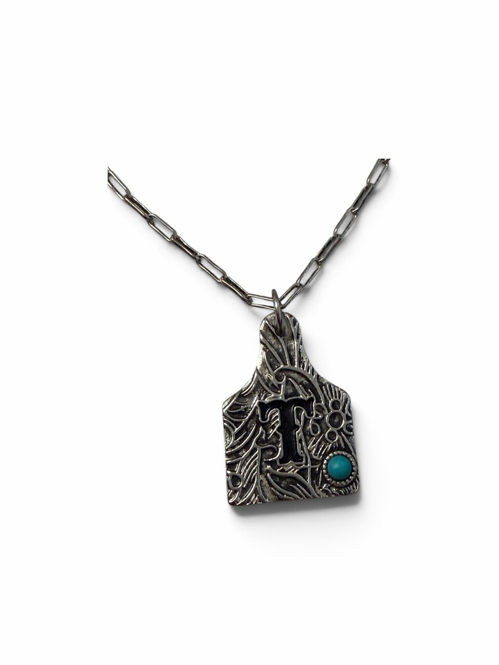 Silver Turquoise Accent Floral Initial T Cow Tag  Necklace